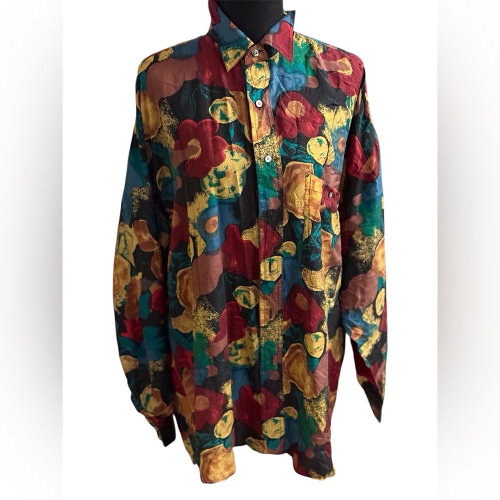 Vintage Protest Silk button up art to wear shirt. Men’s Lg. Colorful, Unisex